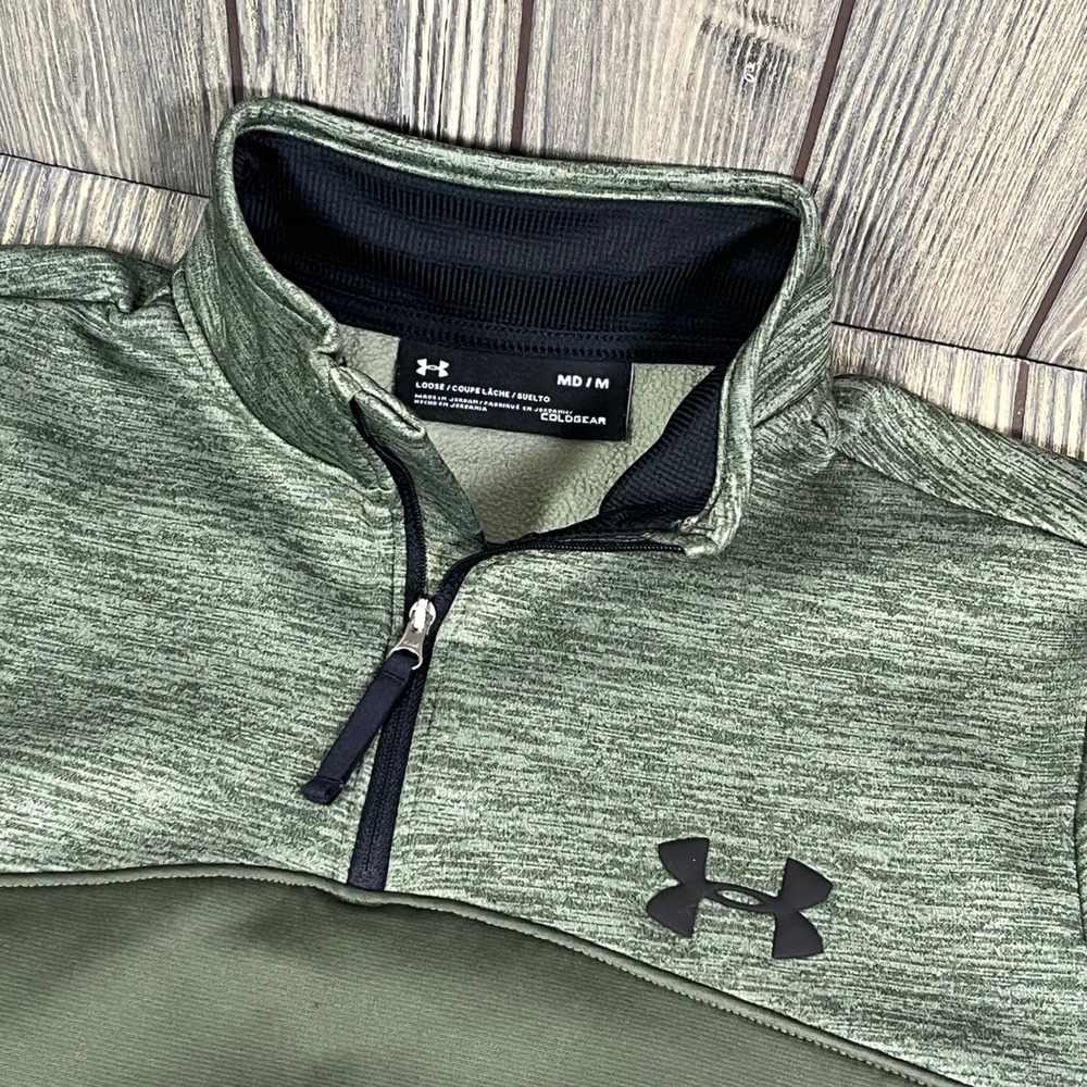 Under Armour Quarter Zip Pullover Men Medium Green ColdGear Fleece Sweater Loose